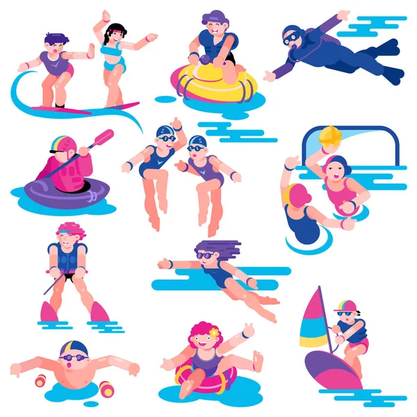 Wassersport Vektor Menschen Charakter im Urlaub Surfen auf Surfbrett Illustration Set von Mann Frau Kinder Charakter Schwimmen spielen Wasserball und Kajak im Meer isoliert auf weißem Hintergrund — Stockvektor