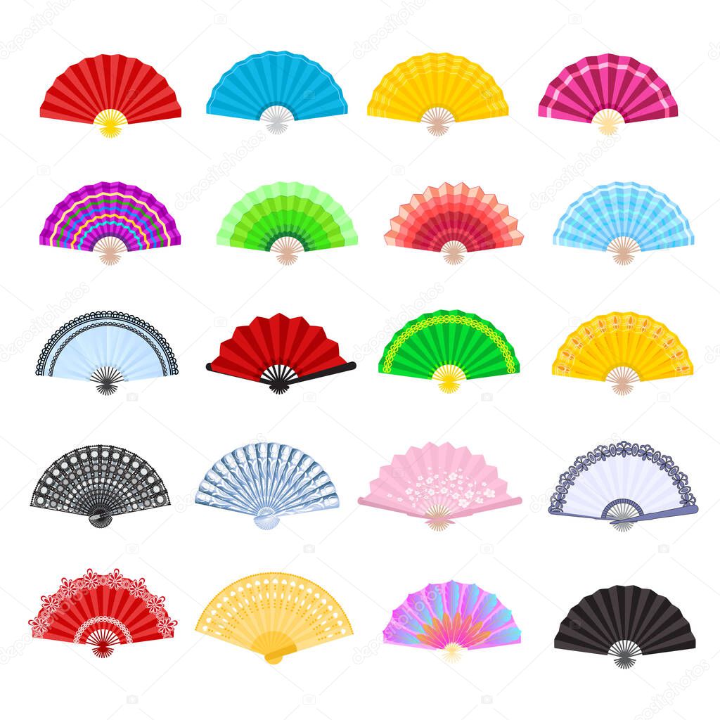 Hand fan vector traditional Japanese accessory and Chinese decoration folding handheld-fan illustration set of open Asian culture design object isolated on white background