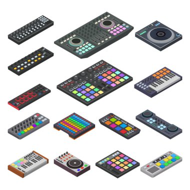 Midi klavye vektörü ses ekipmanı dijital müzik illüstrasyonu için müzik enstrümanı beyaz arka planda izole edilmiş elektronik profesyonel denetleyici anahtar teknolojisinin izometrik seti