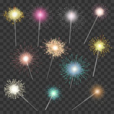 Sparkler vektörü, yeni yıl partisi için ışıl ışıl parlıyor. Parlak havai fişek kıvılcımları parıldıyor. Bengal kıvılcımları parıldıyor.