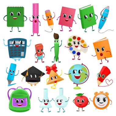 Okul, Kawaii vektör eğitim araçları, emoticon kalem renkli işaretler ve öğrenci aksesuarları çizelgeleri, ofis kırtasiyesi, sırt çantası emojisi, beyaz arka planda izole edilmiş.