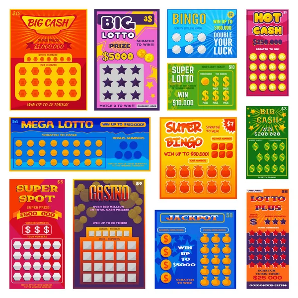 Lottery ticket vector lucky bingo card win chance lotto game jackpot ticketing set illustration lottery gaming tickets isolated on white background — Stock Vector