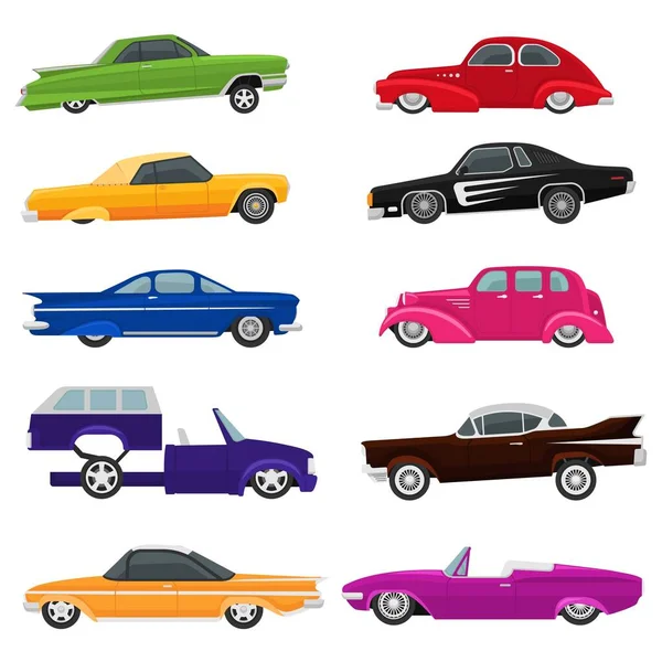 Auto Vektor Oldtimer Low Rider Auto und Retro Oldtimer Transport Illustration Set von klassischen Lowrider Muscle Vehicle Stange Transport isoliert auf weißem Hintergrund — Stockvektor