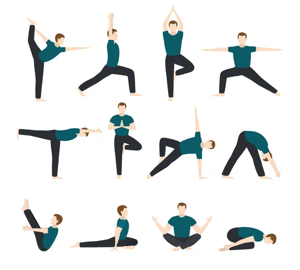 Yoga hombre vector hombres yogui carácter entrenamiento ejercicio flexible pose ilustración conjunto masculino de persona sana estilo de vida entrenamiento con meditación masculina equilibrio relajación aislada sobre fondo blanco — Vector de stock