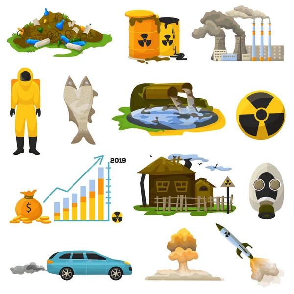 Nukleare Verschmutzung Vektor radioaktive Atomenergie verschmutzende Umwelt Illustration Strahlungsgefahr und verschmutzte Industrietechnologie isoliert auf weißem Hintergrund — Stockvektor