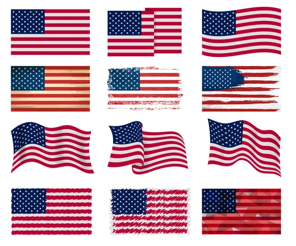 Usa flagga vektor amerikansk nationell symbol för USA med stjärnor ränder illustration frihet oberoende uppsättning flaggade patriotiska emblem isolerad på vit bakgrund — Stock vektor