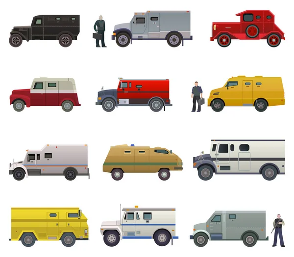 Páncélozott pénzszállító jármű vektor bank teherautó szállítás autó oldalnézet illusztráció páncél szállítás kisbusz teherautó — Stock Vector