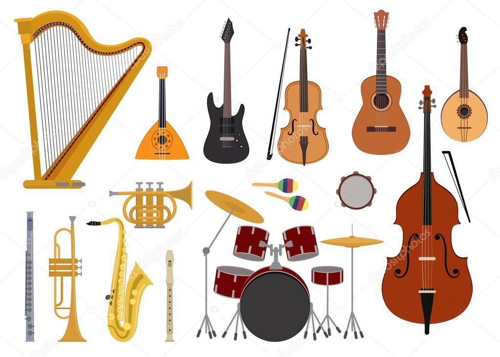 Musical instruments vector music concert with acoustic guitar balalaika and musicians violin harp illustration set wind instruments trumpet saxophone flute isolated on white background