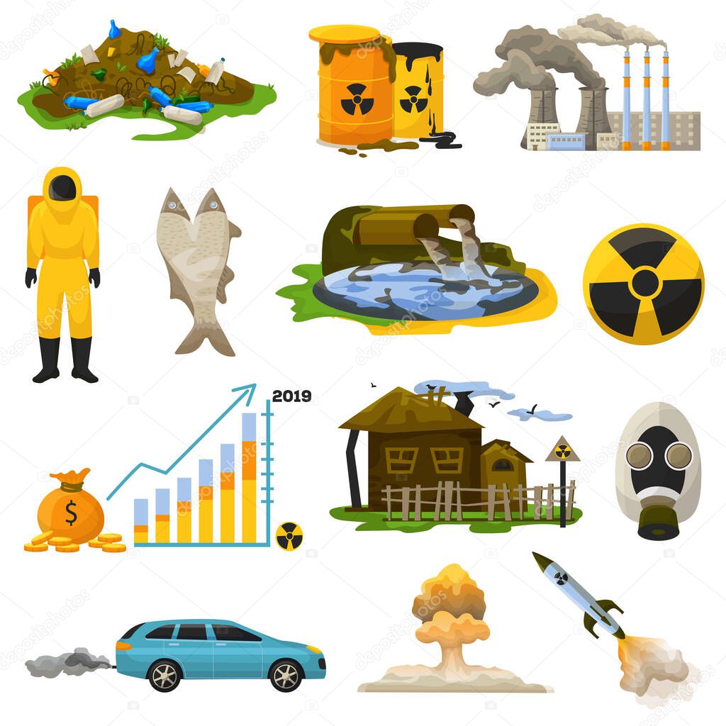 Nuclear pollution vector radioactive atomic energy polluting environment illustration set of radiation danger and polluted industrial technology isolated on white background