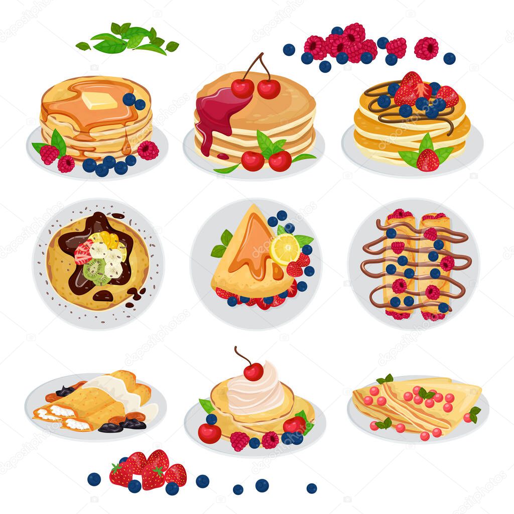 Pancake vector breakfast sweet homemade food dessert and delicious caked snack with syrop honey on plate illustration set of morning pancakes raspberry blackberry isolated on white background