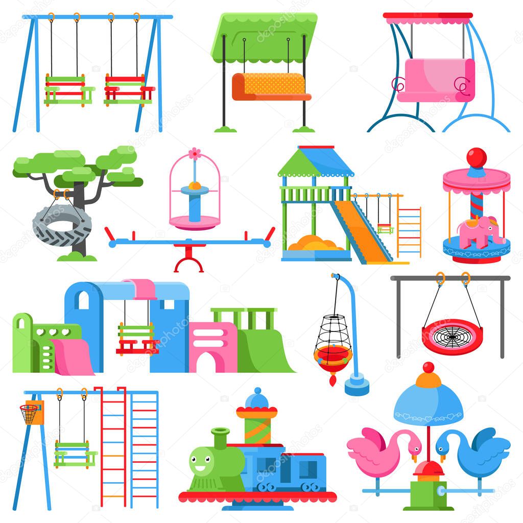 Playground vector kids park to play swing slide outdoor for fun illustration set of carousel swinging leisure equipment sliding activity in childhood isolated on white background