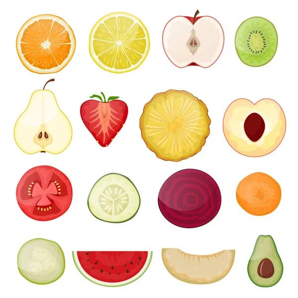 Owoce plasterek wektor świeże owoce plastry żywności soczyste pomarańcza cytryna cytrusowe cięcia ilustracja zestaw zdrowych dojrzałych warzyw i owoców tropikalnych pomidor arbuz jabłko kiwi witamina — Wektor stockowy