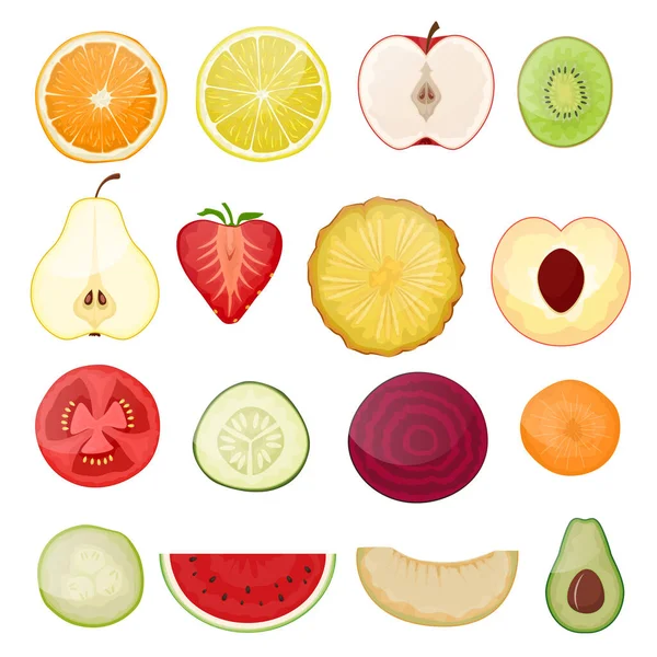 Fruit slice vector fresh fruity sliced food juicy orange lemon citrus cut illustration set of healthy ripe vegetables and tropical fruits tomato watermelon apple kiwi vitamin — Stock Vector