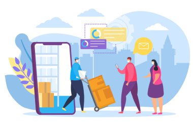 Teslimat maske ve vektör illüstrasyonla iyi gidiyor. Çevrimiçi bakkal, kurye karakter müşteriye karantinaya ürün getiriyor.