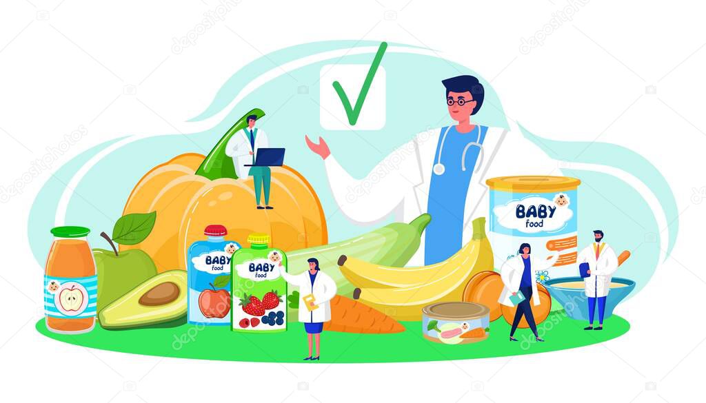 Baby food control, approved by doctor, vector illustration. Natural product examination, confirm tasty fresh vegetable.