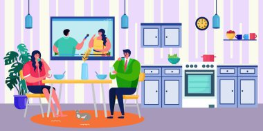 Çiftler evde birlikte kahvaltı ederler, vektör çizimi. Masadaki erkek kadın karakterler yemek yer. Mutlu romantik akşam yemekleri