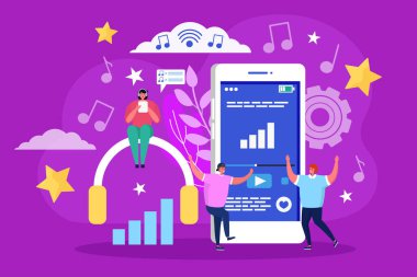 Müzik çevrimiçi konsepti, vektör çizimi. Akıllı telefondaki ses uygulaması, cep telefonu için internet teknolojisi. İnsan erkeği kadın