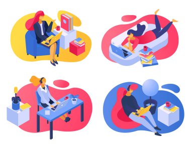 Evde çalışma, vektör çizimi. Düz dizüstü bilgisayarı olan Mab kadın karakteri, iş yerindeki bilgisayarlı insanlar..