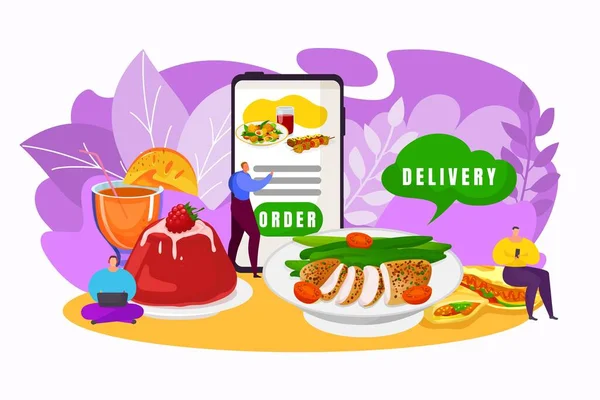 음식 전달 앱 컨셉, 벡터 일러스트. 온라인 모바일 주문 서비스, 인터넷 버스. 사람 캐릭터가 음식을 선택하고 — 스톡 벡터
