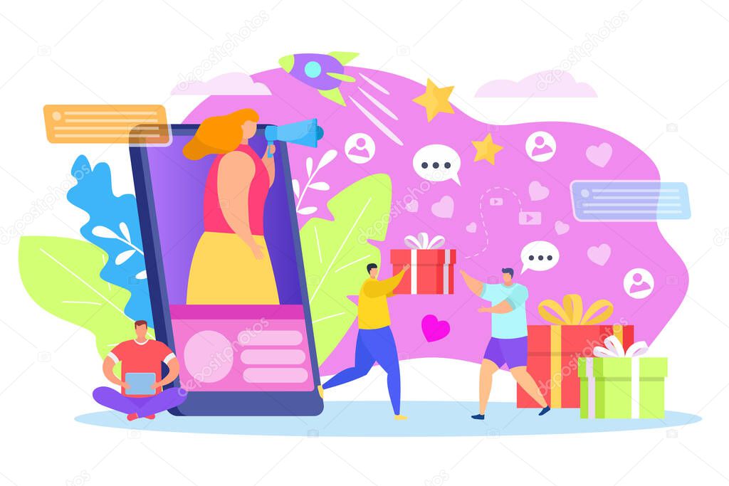 Giveaway concept, vector illustration.People character celebration gift at bright background, social marketing promotion by prize
