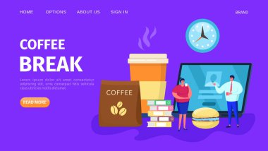 Kahve molası insanlar konsepti, vektör çizimi. Bardaklı bir iş kadını karakteri, arka planda içki. Ofis işi