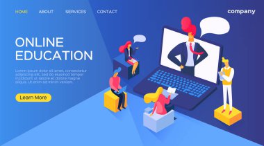 Bilgisayar bilgisayarında eğitim, vektör illüstrasyon. İşadamları dijital internet okulunda karakter eğitimi alıyorlar..