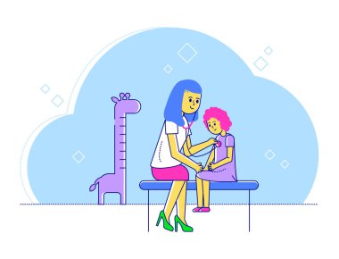 Çizgi doktor çocuk doktoru vektör illüstrasyonu, çizgi film düz mutlu anne ve çocuk karakterler tıbbi muayene için uzman ziyaretçi