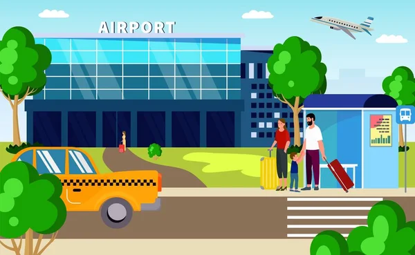 Flughafentransfer, Taxi- und Transportvektordarstellung. Familiärer Passagiercharakter mit Reisegepäck für Reise, Autofahrt. — Stockvektor