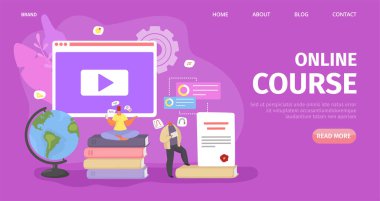 Çevrimiçi eğitim, öğrenci kursu teknolojisi, vektör illüstrasyonu. Bilgisayar interneti bilgisi, web mesafesi çalışması. İnsanlar