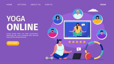 Yoga çevrimiçi, vektör illüstrasyonu. Fitness yaşam tarzında kadın karakter, sağlık için eğitim egzersizi. Düz meditasyon