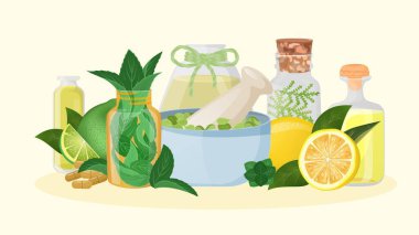 Homeopatik ilaç ve bitkisel şifa, vektör çizimi. Limon doğal aromaterapi, doğal besleyici. Çiçek.