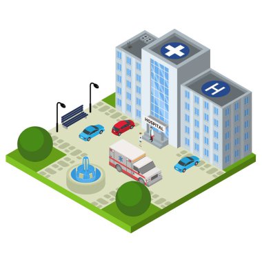 Hastanenin izometrik ambulansı, vektör çizimi. Klinik tasarım konseptine yakın doktor karakteri tıbbi acil durum arabası. Sağlık Hizmetleri
