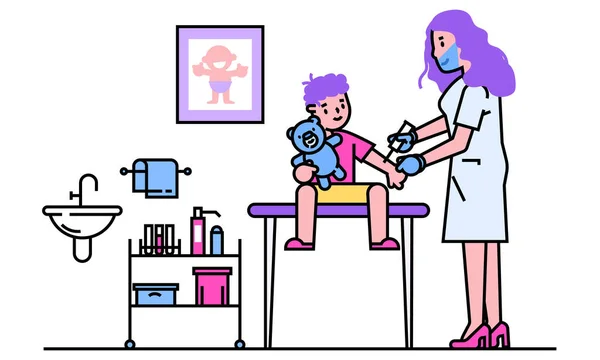 Linha médico pediatra vetor ilustração, desenhos animados plana feliz mãe e criança menino personagens visitando especialista para exame médico —  Vetores de Stock