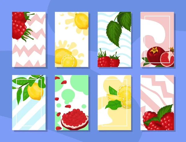 Pôster de cartão de fundo conjunto de frutas de verão, ilustração vetorial. Natureza design fiid, banner brochura coleção fresca. Framboesas — Vetor de Stock