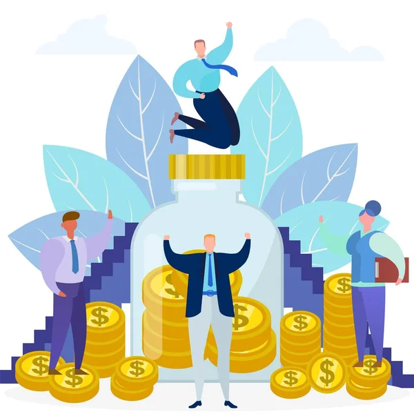 Business money income, vector illustration. Finance in bank concept, financial investment and flat people character with success — Stock Vector