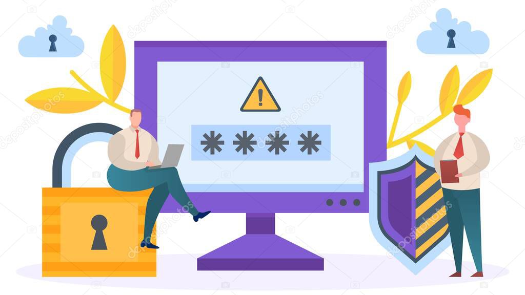 Online internet data and information about password, vector illustration. Protection technology, cartoon network security.