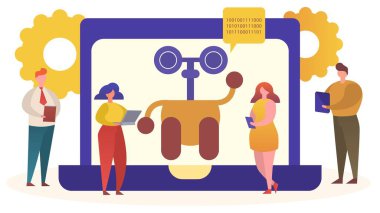 Çevrimiçi sohbet robotu yardımcı konsept vektör ilülasyonu, bilgisayar ekranındaki çizgi film düz robot karakteri video sohbet uygulaması kullanarak tedaviyi tavsiye ediyor