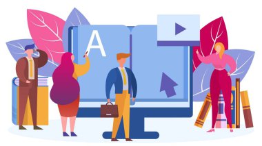 Bilgisayarda online eğitim, insanlar vektör illüstrasyonunu inceliyor. Bilgi teknolojisi konsepti, erkek kadın karakter..