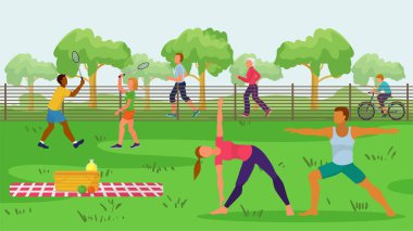 Açık hava vektör illüstrasyonunda sporcular. Doğada düz aktivite, erkek kadın karakter bisikleti, egzersiz.