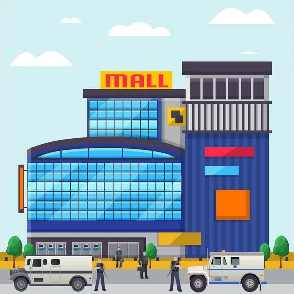 Edificio comercial de centro comercial con coleccionistas, ilustración vectorial. Dinero en camión blindado con personaje de equipo de seguridad . — Vector de stock