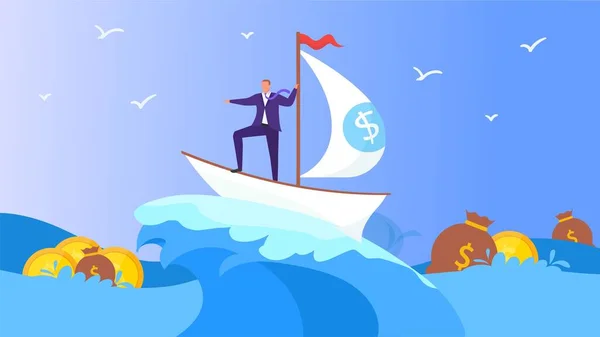 Nave d'affari con uomo in mare, illustrazione vettoriale. Uomo d'affari magaer personaggio in barca cercare soldi e successo cartone animato . — Vettoriale Stock