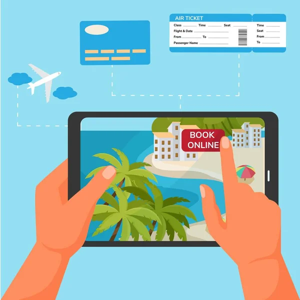 Aplicación de dispositivo para reservar entradas y hoteles, ilustración vectorial. Aplicación Journey con resort en pantalla plana móvil. En línea — Vector de stock