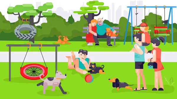 Köpek parkı, vektör çizimi. İnsanlar karikatür kadın yaşam tarzını dışarıda evcil hayvanlarla çizerler. Hayvanlı mutlu bir kadın.