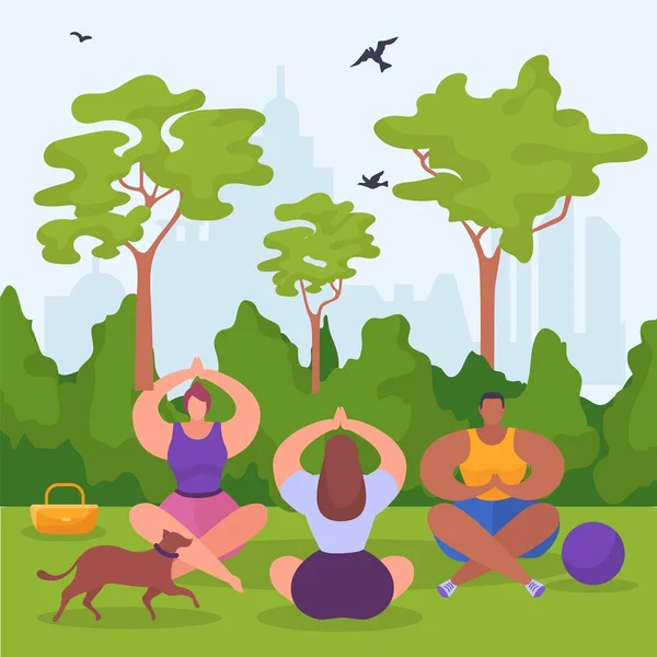 Yoga meditasi di taman kartun, vektor ilustrasi. Kegiatan kesehatan dan relaksasi olahraga di luar, karakter perempuan dalam pose teratai - Stok Vektor