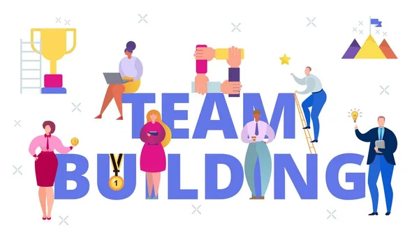 Business team building communicatie, vector illustratie. Mensen plat karakter in de buurt van grote teken symbool, samenwerking teamwork — Stockvector