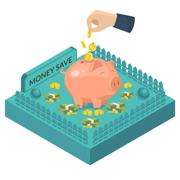 Piggy bank met muntgeld, bankieren business vector illustratie. Hand met geld, financiële valuta deposito concept op de achtergrond — Stockvector