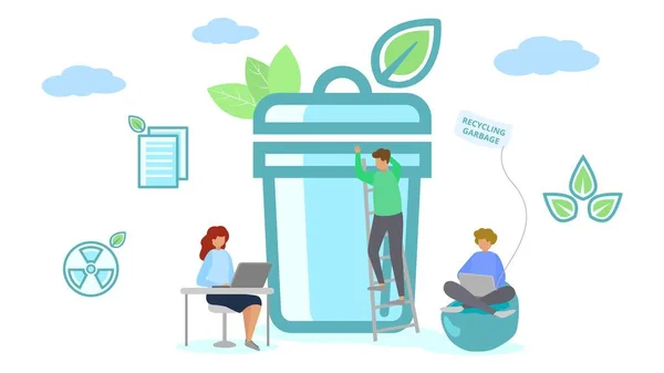 Recycling-Müll-Team, Zeichentrickfigur in der Nähe von großen Bohnenvektor-Illustration. Sauberer Müll Recycling flache Ikone Design — Stockvektor