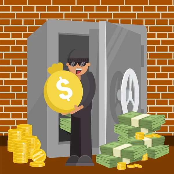 Zloděj s penězi ze sejfu, vektorová ilustrace. Kriminální loupež, lupič zlodějské postavy krádež karikatury mince a hotovost. — Stockový vektor