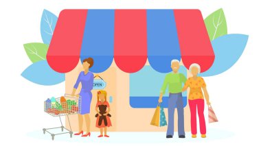 Açık havada alışveriş yapan bir aile, vektör çizimi. Müşteri ile iş yeri, alışveriş merkezi ve süpermarkette perakende satış.