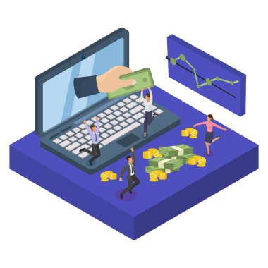 Girişim finansmanı internet yatırımı, vektör illüstrasyonu. Ekrandan büyük bir el ve parasal olarak çok parası var. Bilgisayar yatırımcısı